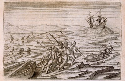 جمع الأخشاب الطافية للمقصورة التي كانت الشتاء فيها البعثة ، التوضيح من Diarium Nauticum ، seu vera descriptio trium navigationum admirandarum ... بقلم جيريت دي فير ، 1598 بواسطة المدرسة الهولندية