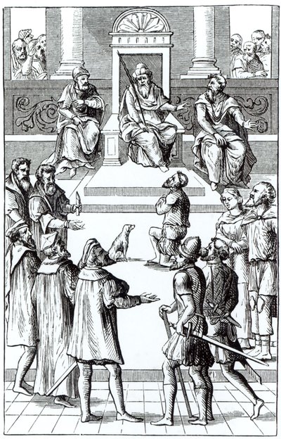 اعتراف بتعديلات أمام المحكمة ، بعد قطع خشبية في Praxis Rerum Criminalium بواسطة Joos de Damhouder (1507-81) نشر Antwerp ، 1556 بواسطة المدرسة الهولندية