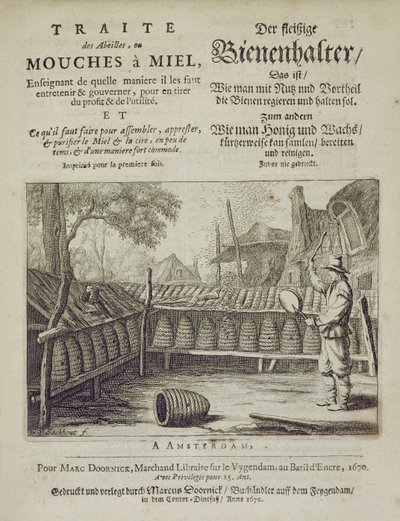 غلاف Traite des Abeilles ، ou Mouches a Miel ... طبع بالفرنسية والألمانية ، نقش بواسطة GVEckhout ، أمستردام 1670 بواسطة المدرسة الهولندية