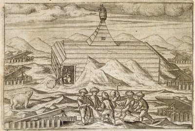قتل طاقم الدببة وسلخها ، خارج المقصورة التي قضت فيها البعثة فصل الشتاء ، رسم توضيحي من "Diarium Nauticum، seu vera descriptio trium navigationum admirandarum ..." بقلم جيريت دي فير بواسطة المدرسة الهولندية