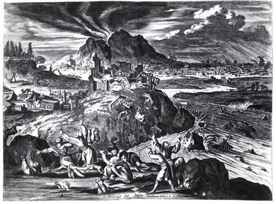 زلزال في إيدو (طوكيو) عام 1659 ، توضيح من حساب أرنولد مونتانوس للسفارات التي أرسلتها شركة الهند الشرقية الهولندية إلى إمبراطور اليابان ، نشر في أمستردام 1669 ( بواسطة المدرسة الهولندية