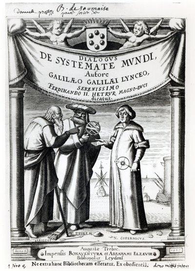 واجهة نظام الحوار في العالم بواسطة غاليليو (1564-1642) ، المنشورة في ليدن ، 1635 بواسطة المدرسة الهولندية