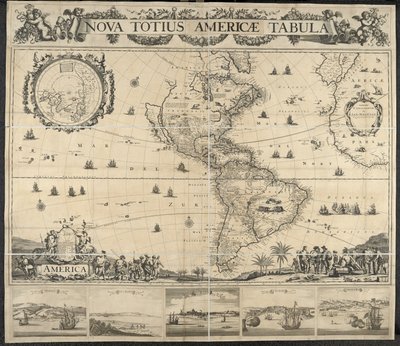 خريطة أمريكا ، Nova totius Americae Table ، [مع مناظر من] بنما ، Caput S. Augustini ، نيو أمستردام ، S. Savior ، Name D. God. رسمها ج.ماثيز بواسطة المدرسة الهولندية
