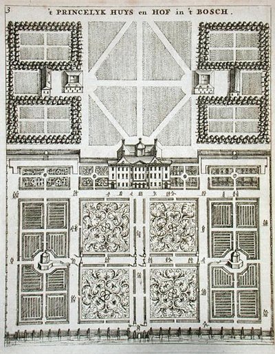 قصر هوف ليس بوش من "البستاني الهولندي" بقلم يوهان فان دير جروين ، نُشر عام 1699 (نقش) بواسطة المدرسة الهولندية