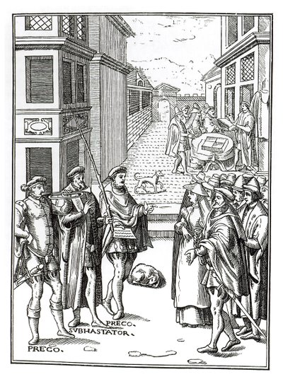البيع بواسطة Town Crier ، بعد قطع خشبية في Praxis Rerum Civilium بواسطة Joos de Damhouder (1507-81) نشر Antwerp ، 1557 بواسطة المدرسة الهولندية