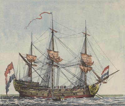 Ship of the Dutch East India Company (coloured engraving) بواسطة المدرسة الهولندية