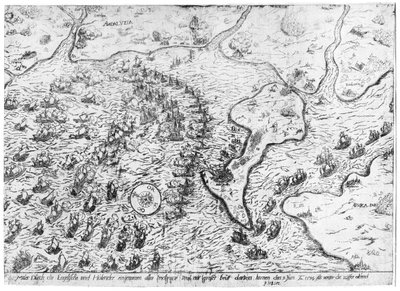 واجهت القوة الإنجليزية والهولندية الأسطول الإسباني في ميناء قادس عام 1596 بواسطة المدرسة الهولندية