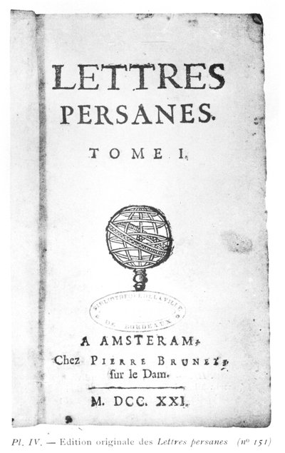 صفحة عنوان Les Lettres Persanes بقلم تشارلز دي مونتسكيو (1689-1755) 1721 بواسطة المدرسة الهولندية