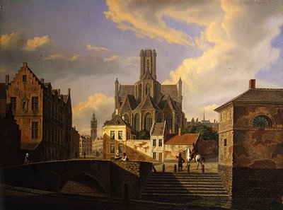 Townscape مع قناة وجسر ودرجات وأشكال ، مع كنيسة من القرون الوسطى وبرج قاعة المدينة خلفها (زيت على ورق موضوع على بطاقة) بواسطة المدرسة الهولندية
