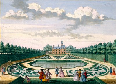 منظر لبيت Adrichem مع الحديقة والبركة الكبيرة ، من Het Zeganpralent Kennemerlant بواسطة Hendrick de Leth و Matthias Brouerius Van Nidek ، تم نشره في عام 1700-1730 بواسطة المدرسة الهولندية