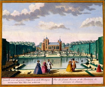 منظر للحوض الكبير والروضة في الجزء الخلفي من المنزل ، من Het Zeganpralent Kennemerlant بواسطة Hendrick de Leth و Matthias Brouerius Van Nidek ، تم النشر c.1700-30 بواسطة المدرسة الهولندية