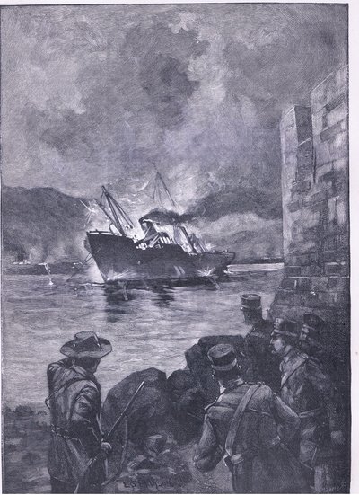 الحرب الإسبانية الأمريكية: غرق Merrimac ، توضيح من تاريخ كاسيلز إنجلترا ، 1900s بواسطة إس هودجسون