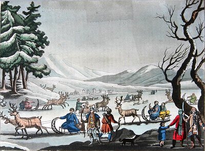 تونغوس يغادر معسكره الشتوي على مزلقة تجرها حيوانات الرنة ، حوالي عام 1820 (نقش ملون) بواسطة E. (بعد) Karnejeff