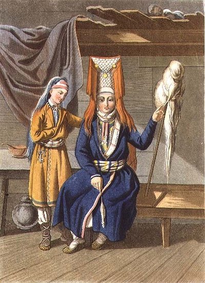 Votyak Women Spinning ، نقش بواسطة Jegor Skotnikoff (1782-1843) (litho) بواسطة E. (بعد) Karnejeff