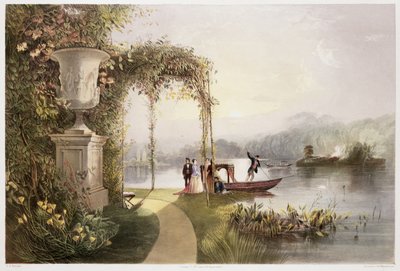 البحيرة ، حدائق ترنتهام هول ، من "حدائق إنجلترا" ، نشر 1857 (كروموليثو) بواسطة إ. أدفينو بروك