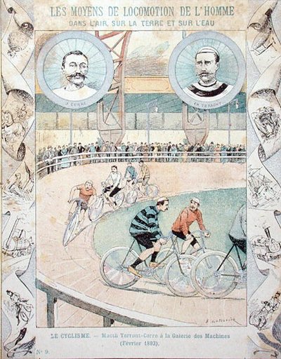 Charles Terront (1857-1932) و Jules Corre في Galerie des Machines في فبراير 1893 ، من كتاب مدرسي (color litho) بواسطة إي ليتيلييه