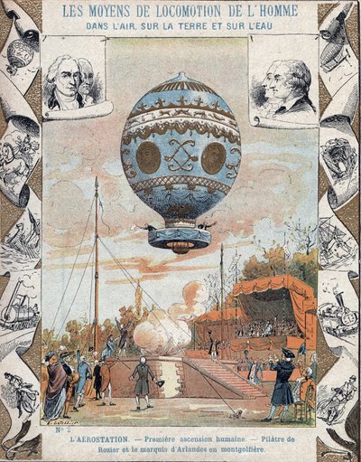 أول رحلة منطاد مجانية مأهولة ، Pilatre de Rozier و Marquis d'Arlandes ، 21 نوفمبر 1783 ، في منطاد Montgolfier (الهواء الساخن) من Bois de Boulogne ، باريس ، فرنسا - من غلاف واقٍ للكتب المدرسية ، أواخر القرن التاسع عشر - الأول رحلة في حار بواسطة إي ليتيلييه