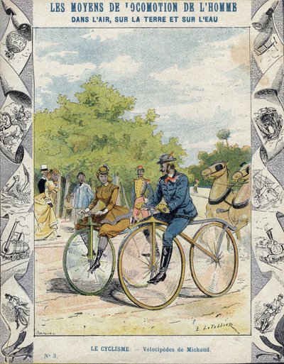 Pierre Michaux و Michaudine velocipedes - من غلاف واقي للكتب المدرسية ، أواخر القرن التاسع عشر - فيلوسيبيدس دواسة (les michaudines) بقلم بيير ميشو (1813-1883) بواسطة إي ليتيلييه