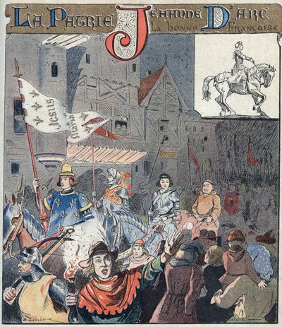 مدخل جان دارك إلى أورليانز في 8 مايو 1429 - من غلاف واقٍ للكتب المدرسية ، أواخر القرن التاسع عشر - حرب المائة عام: Entree of Joan of Arc (1412-1431) في أورليانز في الثامن من مايو 1429 - رسم إيضاحي لـ E Letellier - حماية دفتر الملاحظات بواسطة إي ليتيلييه
