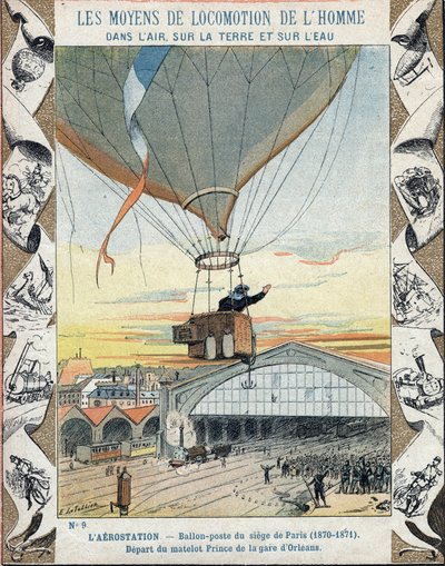 حرب 1870 - حصار باريس: بريد بالون - مغادرة البحار الأمير من Gare d'Orleans (اليوم ، Gare d'Austerlitz) - رسم إيضاحي لـ E Letellier - دفتر ملاحظات تاريخي Protege ، أواخر القرن التاسع عشر - بواسطة إي ليتيلييه