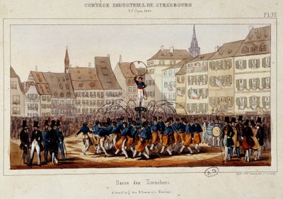 La danse des tonneliers أثناء الموكب الصناعي في ستراسبورغ بتاريخ 25/06/1840. ليثوجراف سيمون بواسطة إي سيمون