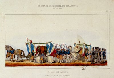 رقصة صانعي الجعة والقوارير خلال الموكب الصناعي في ستراسبورغ في 25/06/1840. ليثوجراف سيمون بواسطة إي سيمون