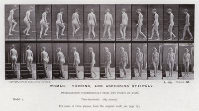 The Human Figure in Motion: Woman, turning, and ascending stairway (b/w photo) بواسطة ايدويرد مويبريدج