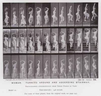 The Human Figure in Motion: Woman, turning around and ascending stairway (b/w photo) بواسطة ايدويرد مويبريدج