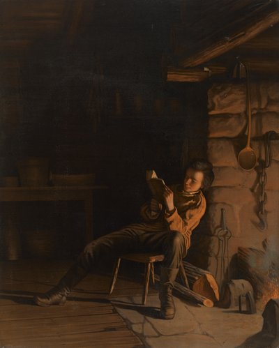 طفولة لينكولن. (أمسية في كوخ لوج.) ، 1868 (الطباعة الحجرية الملونة على ورق على متن الطائرة) بواسطة ايستمان جونسون