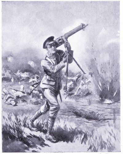 الجندي لين يحمل مدفع رشاش للإصلاح تحت نيران كثيفة في معركة أيسن. مُنحت DCM 1915 بواسطة إدغار ألفريد هولواي