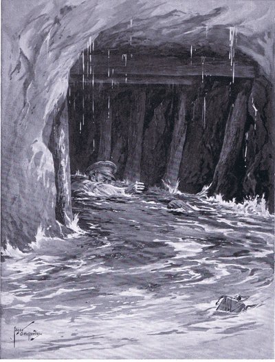 Second Corporal Collier struggling out of a mine gallery nearly full of water after completing his work (DCM) (litho) بواسطة إدغار ألفريد هولواي