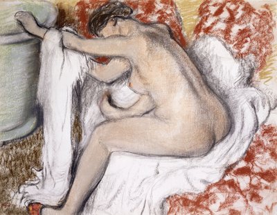 بعد الاستحمام (تجفف المرأة نفسها) ؛ La Sortie du Bain (Femme S&39;Essuyant) ، c.1885 (باستيل فوق monotype على الورق) بواسطة إدغار ديغا