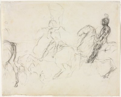 مشهد معركة بأشكال مصفحة على ظهر الحصان المستقيم امرأتين جالسين في الخلف ، 1856-1860. بواسطة إدغار ديغا