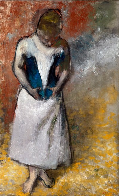 "" Femme de face، fermant son corset "" (امرأة تقف من الأمام وتشبك مشدها) Peinture d