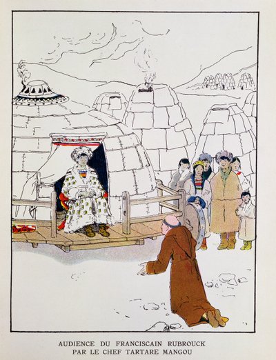 ويليام روبرك (حوالي 1200- 1256) أمام الزعيم التتري مانغو عام 1251، من "مؤتمر العالم الإسلامي" لجورج غويو (1869-1939) 1933 (طباعة حجرية ملونة) بواسطة إدغار ماكسينس