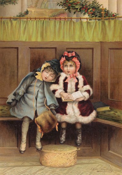 فتاتان في الكنيسة في صباح عيد الميلاد (chromolitho) بواسطة إديث س بيركلي
