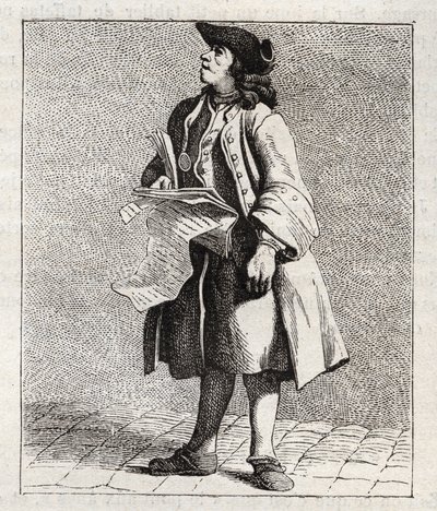 Le crieur des numos winners (Loto) - Petity metier de Paris (Études prises dans le bas Peuple, ou les Cris de Paris) - engraving by Edme Bouchardon (1698-1762) بواسطة إدم بوشارون