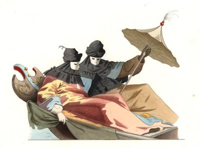 Venitians wearing the bauta mask, Italy 18th century, based on a painting by Giovanni Antonio Canal dit Canaletto (1697-1768) - Lithography based on an illustration by Edmond Lechevallier-Chevignard (1825-1902), from “” Historical Costumes of the 16th بواسطة ادمون ليتشيفالييه شيفينارد