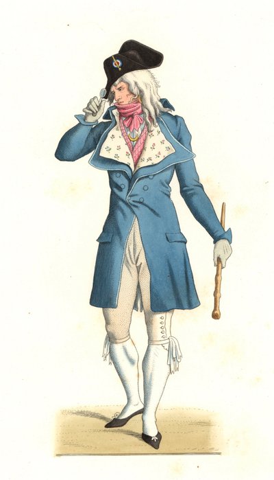 شاب فرنسي ولد على طراز الخارقون في القرن الثامن عشر ، بعد لوحة لكارل فيرنيه (1758-1836) - الطباعة الحجرية من رسم إيضاحي لإدموند ليتشيفالييه شوفينارد (1825-1902) ، من "Costumes historyiques des 16e" بواسطة ادمون ليتشيفالييه شيفينارد