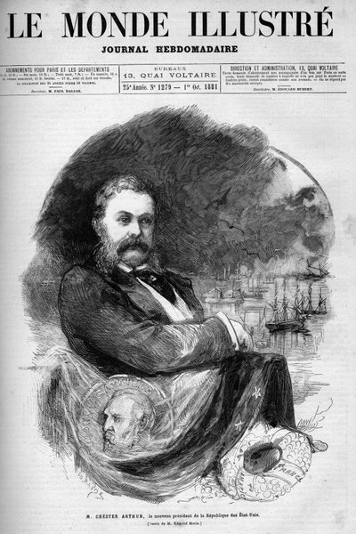 صورة شخصية تشيستر آلان آرثر (1830-1886) ، رئيس الولايات المتحدة. نقش إدموند مورين. واحد من "العالم المصور" رقم 1279 بتاريخ 1 أكتوبر بواسطة ادموند مورين