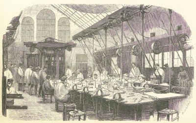 صاغة الفضة في العمل في مصنع كريستوفل لأدوات المائدة في باريس ، حانة. 1875 (نقش) بواسطة ادموند مورين