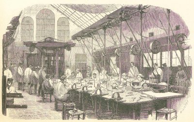 صاغة الفضة في العمل في مصنع كريستوفل لأدوات المائدة في باريس ، حانة. 1875. بواسطة ادموند مورين