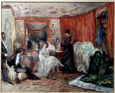 الممثل الكوميدي المسرحي هورتنس شنايدر (1833-1920) ، عشيقة جاك أوفنباخ (1819-1890) ، تمثل على اليسار في غرفة ملابسها في مسرح الأصناف. لوحة مائية بواسطة إدموند مورين (1824-1882) 1873 Compiegne ، متحف القلعة بواسطة ادموند مورين
