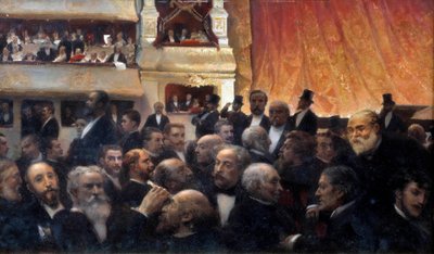 Intermission ، العرض الأول في الكوميديا الفرنسية بين المتفرجين: في حوض الاستحمام ، Henri Rochefort و Leon Gambetta ، في غرفة الملابس ذات المشهد الطليعي في الأعلى ، Jules Ferry ، d'en bas ، Ferdinand de Lesseps. في الأرضية ، من اليسار إلى اليمين ومن الأ بواسطة إدوارد جوزيف دانتان