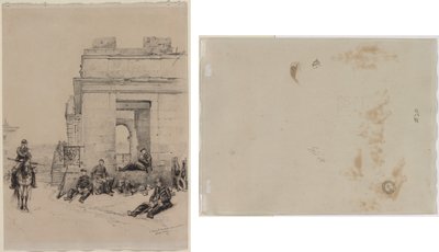 جنود يستريحون (وجه الوجه) رسم تخطيطي لرجل بذراع مرفوعة ورسم لخوذة (ظهر) بواسطة إدوارد ديتيل
