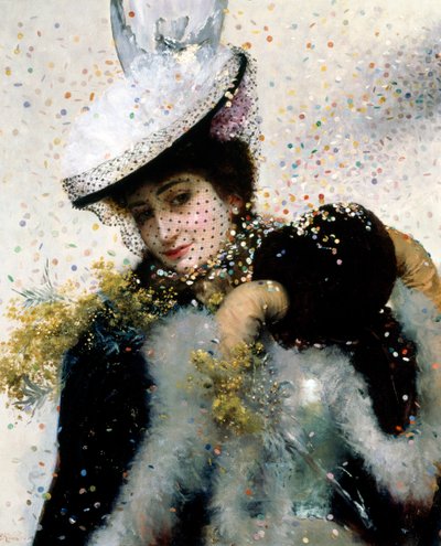 حفل زفاف شتوي. امرأة شابة ترتدي معطفاً من الفرو وخماراً وقبعة حجاب تبتسم تحت وابل من قصاصات الورق الملون. لوحة رسمها إدوارد فريدريك فيلهلم ريختر (1844-1913) لوحة زيتية على قماش. مجموعة خاصة. بواسطة إدوارد فريدريك ويلهلم ريختر