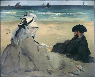 على الشاطئ. صورة مدام إدوارد مانيه (1830-1906) ويوجين مانيه (1833-1892) ، زوجة الفنانين والأخ في بيرك سور مير (Berck sur mer). لوحة بإدوارد مانيه (1832-1883) ، 1873. زيت بواسطة إدوارد مانيه