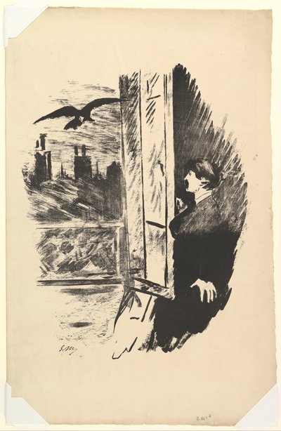 افتح هنا قمت برمي المصراع. رسم توضيحي للغراب بواسطة إدغار آلان بو ، 1875. بواسطة إدوارد مانيه