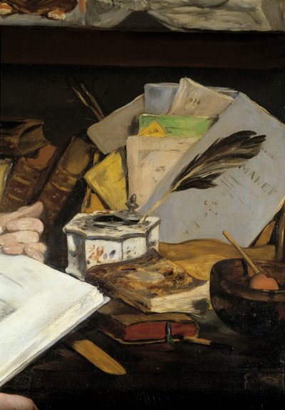 صورة لإميل زولا بالتفصيل. وعاء حبر مع قلم وكتب منها "مانيه". لوحة لإدوارد مانيه (1832-1883) 1868 باريس ، متحف أورسيه بواسطة إدوارد مانيه