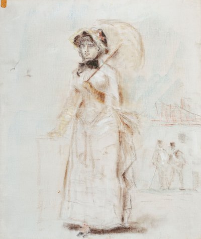 المرأة التي تمشي، ب، إستهل، Umbrella؛؛ امرأة في نزهة تحمل مظلة مفتوحة ، 1880 بواسطة إدوارد مانيه